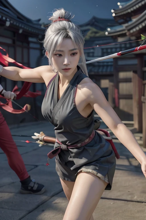 Highest quality,Ultra HD,Best AI Images, Full body photo,(beautiful face like a Japanese actress), ((Silver Hair 1.2)，Very detailed vfx portrait of, Female Ninja, Japanese kunoichi, cgsociety and Zhong Feng Hua, Covert behavior, Female Ninja, ((A scene of fighting with a bow and arrow)),A scene of fighting with a bow and arrow1.3,Portrait of a Japan woman, , Trending on deviantart, ((A short red ninja costume.5))，((sexy kunoichi,Big Breasts)), Japanese spy, 3D Rendering, (Beautiful Face 1.5), Key Visual, Vibrant, (((background 1 of a night mansion in the Sengoku period.5))), Very detailed, growing up,