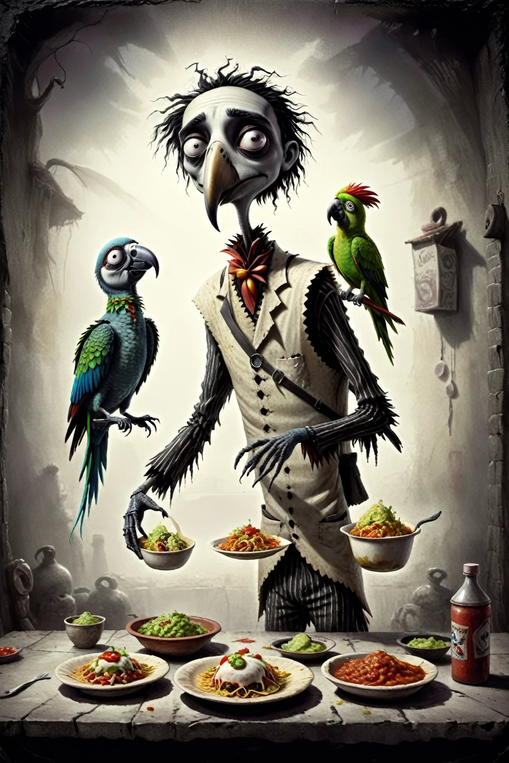 a Mexican taco vendor preparing the dishes with a parrot on his shoulder, a somber and very surreal tone, in the style of Tim Burton.