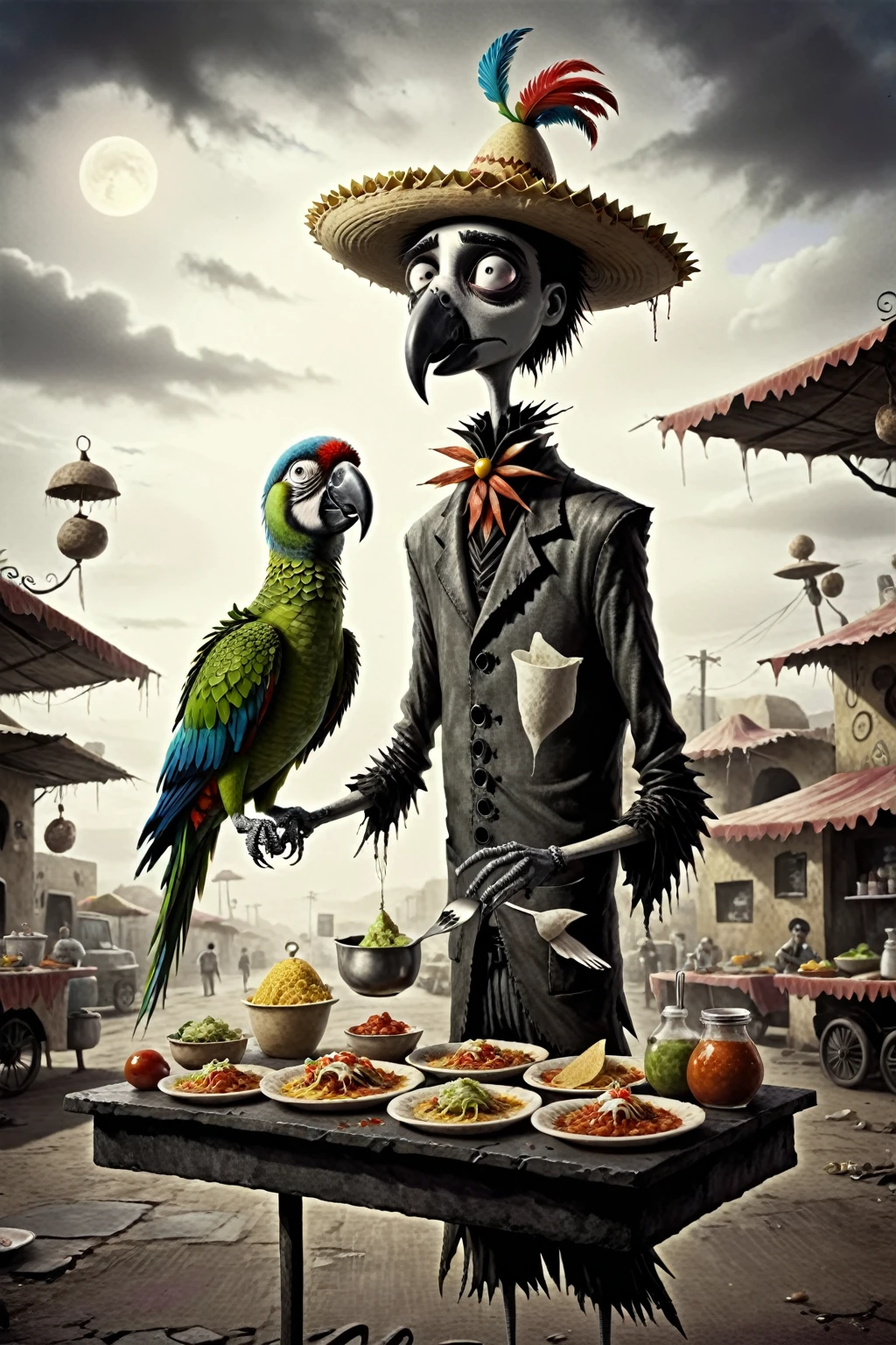 a Mexican taco vendor preparing the dishes with a parrot on his shoulder, a somber and very surreal tone, in the style of Tim Burton.