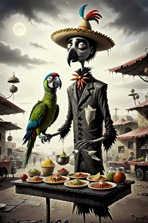 a mexican taco vendor preparing the dishes with a parrot on his shoulder, a somber and very surreal tone, in the style of tim bu...