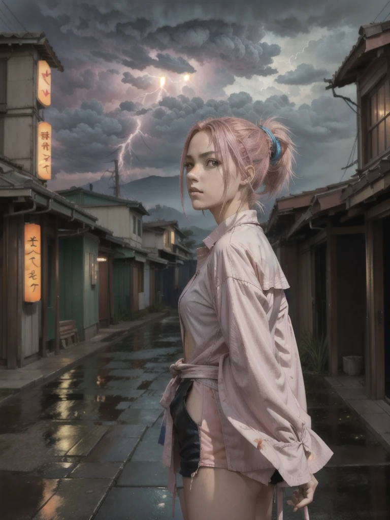 (masterpiece), anime, (photo_(medium):1.0), by Antonio J. Manzanedo, by Jeremy Lipking, 1girl, lightning, in a surreal landscape, painting style with watercolor, brushstrokes, unbuttoned, orange eyes, ponytail, pink hair, cyberpunk, japanese clothes