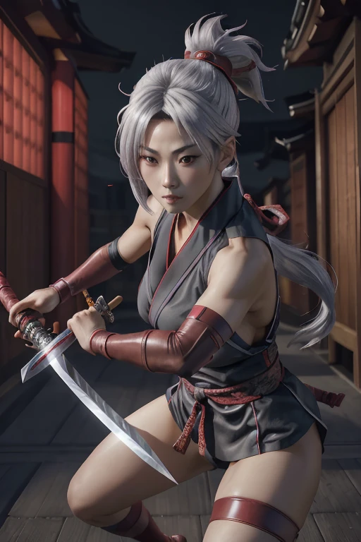 Highest quality,Ultra HD,Best AI Images, Full body photo,(beautiful face like a Japanese actress), ((Silver Hair 1.2)，Very detailed vfx portrait of, Female Ninja, Japanese kunoichi, cgsociety and Zhong Feng Hua, Covert behavior, Female Ninja, ((Scene of fighting with a short sword)),Scene of fighting with a short sword1.3,Portrait of a Japan woman, , Trending on deviantart, ((A short red ninja costume.5))，((sexy kunoichi,Big Breasts)), Japanese spy, 3D Rendering, (Beautiful Face 1.5), Key Visual, Vibrant, (((background 1 of a night mansion in the Sengoku period.5))), Very detailed, growing up,