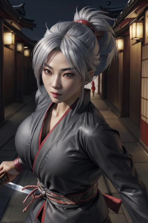 Highest quality,Ultra HD,Best AI Images, Full body photo,(beautiful face like a Japanese actress), ((Silver Hair 1.2)，Very detailed vfx portrait of, Female Ninja, Japanese kunoichi, cgsociety and Zhong Feng Hua, Covert behavior, Female Ninja, ((Scene of fighting with a short sword)),Scene of fighting with a short sword1.3,Portrait of a Japan woman, , Trending on deviantart, ((A short red ninja costume.5))，((sexy kunoichi,Big Breasts)), Japanese spy, 3D Rendering, (Beautiful Face 1.5), Key Visual, Vibrant, (((background 1 of a night mansion in the Sengoku period.5))), Very detailed, growing up,