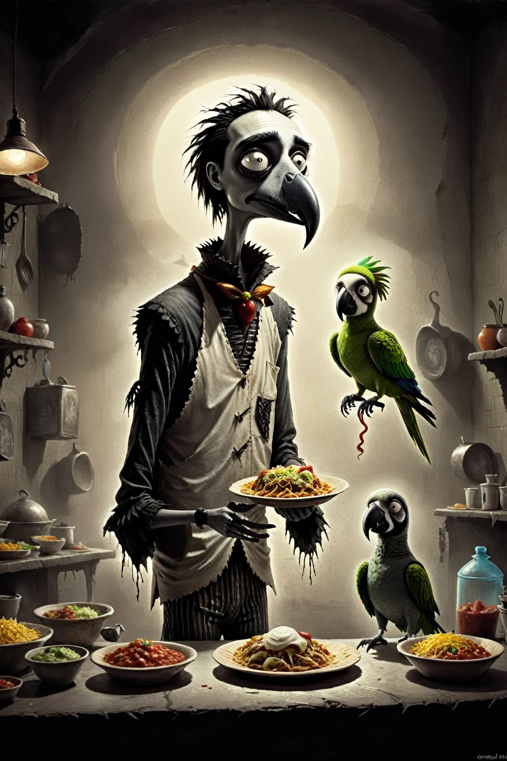 a Mexican taco vendor preparing the dishes with a parrot on his shoulder, a somber and very surreal tone, in the style of Tim Burton. And a zenith light.