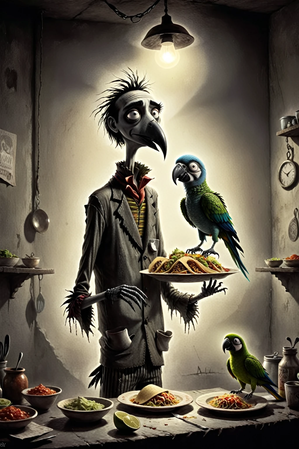 a Mexican taco vendor preparing the dishes with a parrot on his shoulder, a somber and very surreal tone, in the style of Tim Burton. And a zenith light.