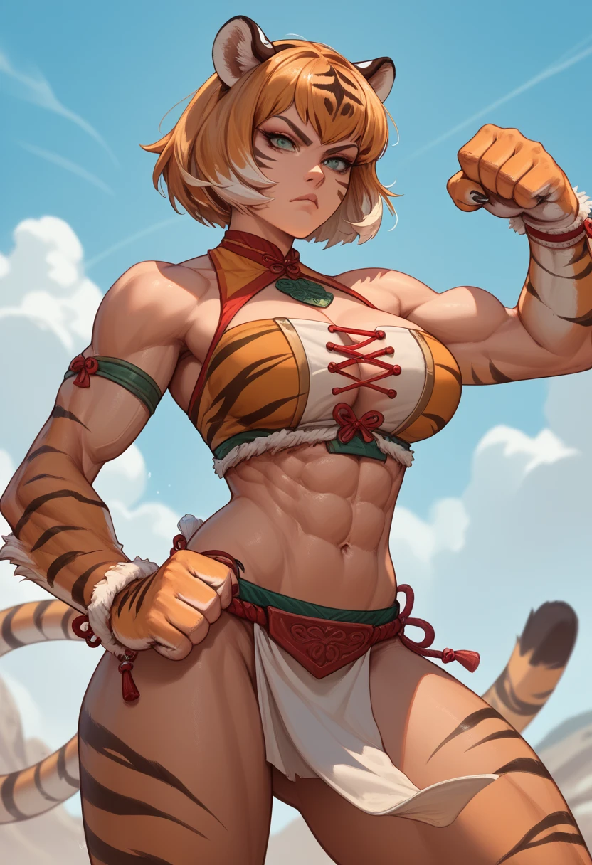 1woman, solo, short bob, tiger girl, large breasts, abs, chest plate,  waistcloth, Beastly limbs, Humanoid face and body, Powerful claws, Tiger ears, Tiger stripes on cheeks, standing, Serious face, fighting pose, 