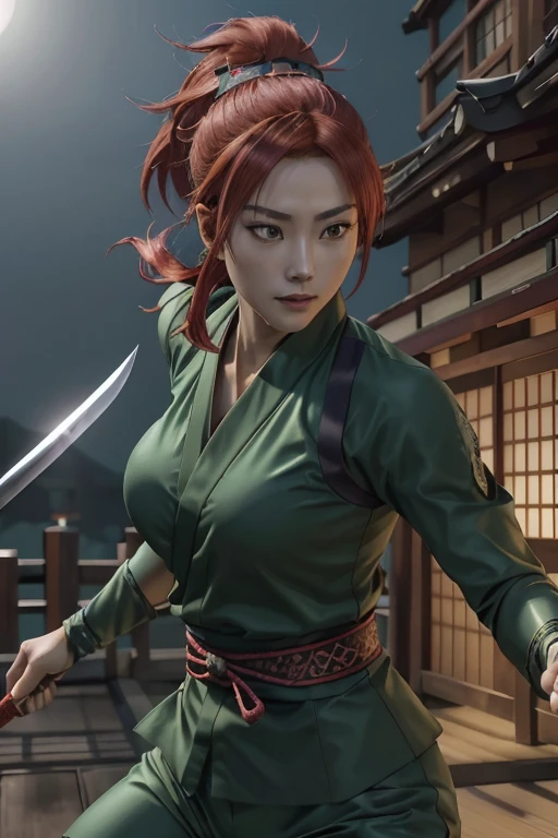 Highest quality,Ultra HD,Best AI Images, Full body photo,(beautiful face like a Japanese actress), ((Red Hair 1.2)，Very detailed vfx portrait of, Female Ninja, Japanese kunoichi, cgsociety and Zhong Feng Hua, Covert behavior, Female Ninja, ((Scene of fighting with a short sword)),Scene of fighting with a short sword1.3,Portrait of a Japan woman, , Trending on deviantart, ((A short green ninja costume.5))，((sexy kunoichi,Big Breasts)), Japanese spy, 3D Rendering, (Beautiful Face 1.5), Key Visual, Vibrant, (((background 1 of a night mansion in the Sengoku period.5))), Very detailed, growing up,