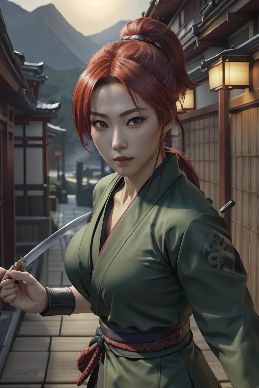 Highest quality,Ultra HD,Best AI Images, Full body photo,(beautiful face like a Japanese actress), ((Red Hair 1.2)，Very detailed vfx portrait of, Female Ninja, Japanese kunoichi, cgsociety and Zhong Feng Hua, Covert behavior, Female Ninja, ((Scene of fighting with a short sword)),Scene of fighting with a short sword1.3,Portrait of a Japan woman, , Trending on deviantart, ((A short green ninja costume.5))，((sexy kunoichi,Big Breasts)), Japanese spy, 3D Rendering, (Beautiful Face 1.5), Key Visual, Vibrant, (((background 1 of a night mansion in the Sengoku period.5))), Very detailed, growing up,