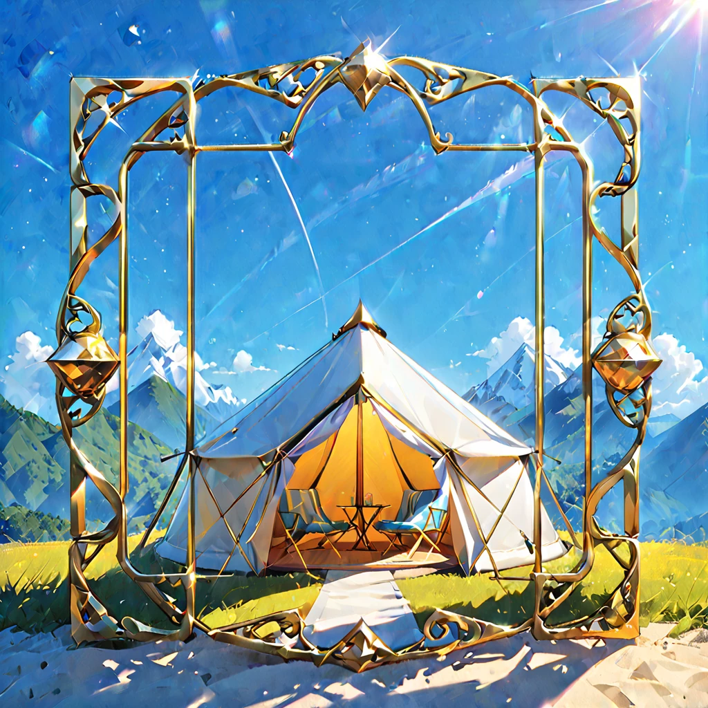 Glamping、symbol、Three-dimensional、Shine、Shine、gold、The background is blue sky、The frame is gold.