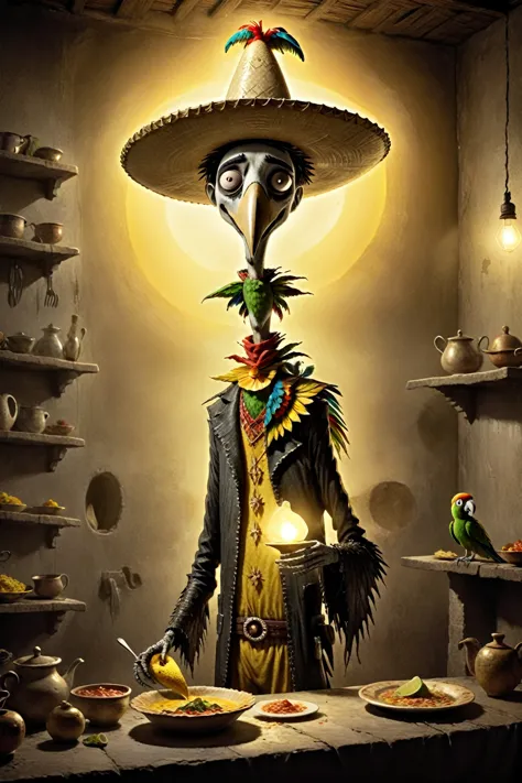 a mexican taquero with a sombrero like his golden aura, preparing dishes with a parrot on his shoulder, a somber and very surrea...