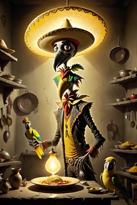 a mexican taquero with a sombrero like his golden aura, preparing dishes with a parrot on his shoulder, a somber and very surrea...