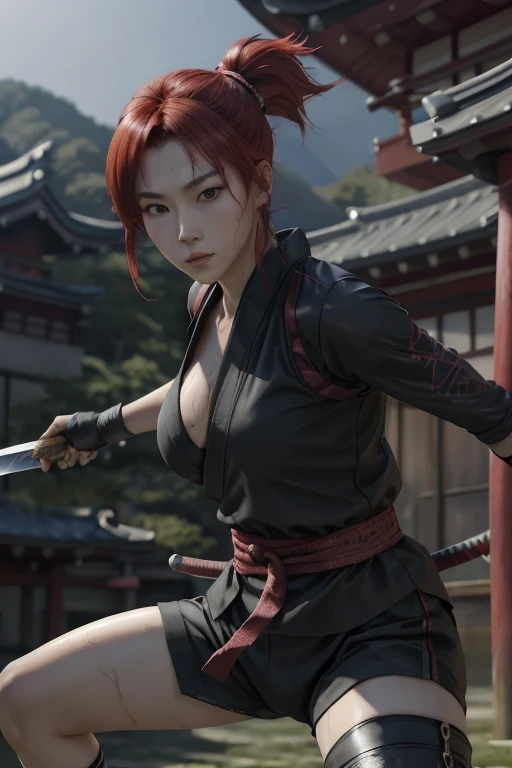 Highest quality,Ultra HD,Best AI Images, Full body photo,(beautiful face like a Japanese actress), ((Red Hair 1.2)，((Sweaty 1.4))，Very detailed vfx portrait of, Female Ninja, Japanese kunoichi, cgsociety and Zhong Feng Hua, Covert behavior, Female Ninja, ((Scene of fighting with a short sword)),Scene of fighting with a short sword1.3,Portrait of a Japan woman, , Trending on deviantart, ((Gray short ninja costume 1.5))，((sexy kunoichi,Big Breasts)), Japanese spy, 3D Rendering, (Beautiful Face 1.5), Key Visual, Vibrant, (((background 1 of a night mansion in the Sengoku period.5))), Very detailed, growing up,