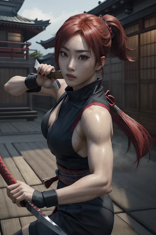 Highest quality,Ultra HD,Best AI Images, Full body photo,(beautiful face like a Japanese actress), ((Red Hair 1.2)，((Sweaty 1.4))，Very detailed vfx portrait of, Female Ninja, Japanese kunoichi, cgsociety and Zhong Feng Hua, Covert behavior, Female Ninja, ((Scene of fighting with a short sword)),Scene of fighting with a short sword1.3,Portrait of a Japan woman, , Trending on deviantart, ((Gray short ninja costume 1.5))，((sexy kunoichi,Big Breasts)), Japanese spy, 3D Rendering, (Beautiful Face 1.5), Key Visual, Vibrant, (((background 1 of a night mansion in the Sengoku period.5))), Very detailed, growing up,