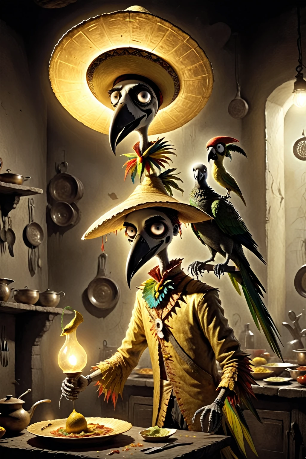 A Mexican taquero with a sombrero like his golden aura, preparing dishes with a parrot on his shoulder, a somber and very surreal tone, in the style of Tim Burton. And a zenith light.
