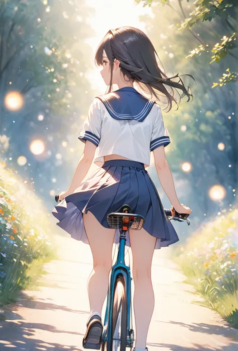 masterpiece, best quality, extremely detailed cg unity 8k wallpaper, anime illustration of a high school girl riding a bicycle d...