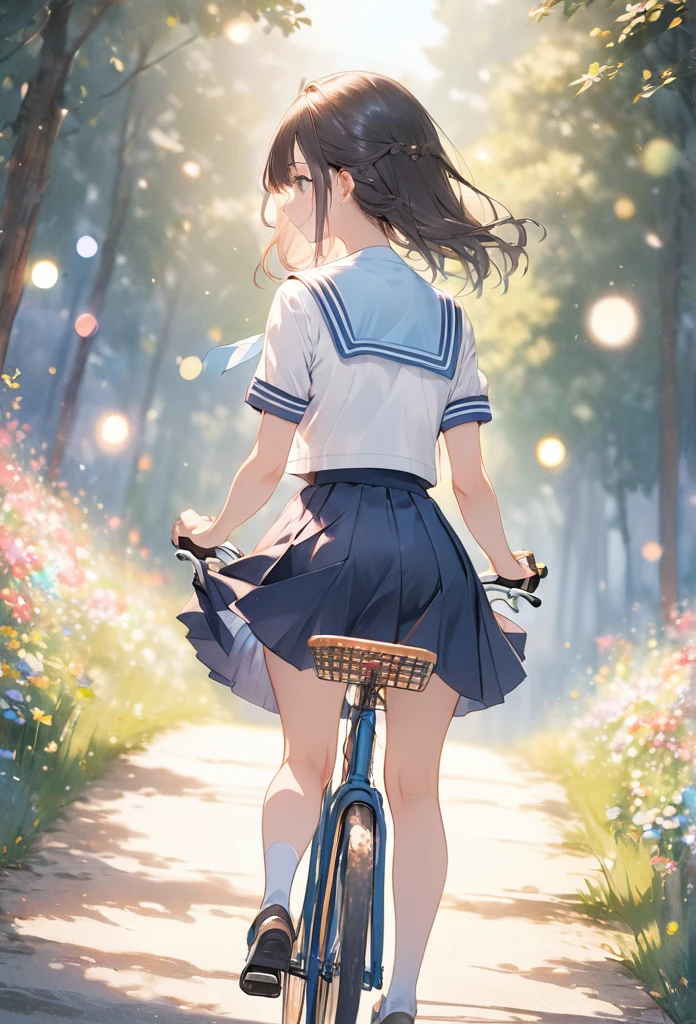 masterpiece, best quality, extremely detailed CG unity 8k wallpaper, Anime illustration of a high school girl riding a bicycle down an amazing downhill slope. She wears a sailor uniform. She is wearing a knee-length skirt. She is riding a bicycle with her legs spread to the sides. Angle seen from the back of the girl. It is painted in pastel colors and has a very emotional atmosphere. Watercolor. bokeh photography, (soft focus):1.2, out-of-focus highlights, dreamy ambiance, glowing circles, mesmerizing depth, depth of fieldショートカット, Summer country road