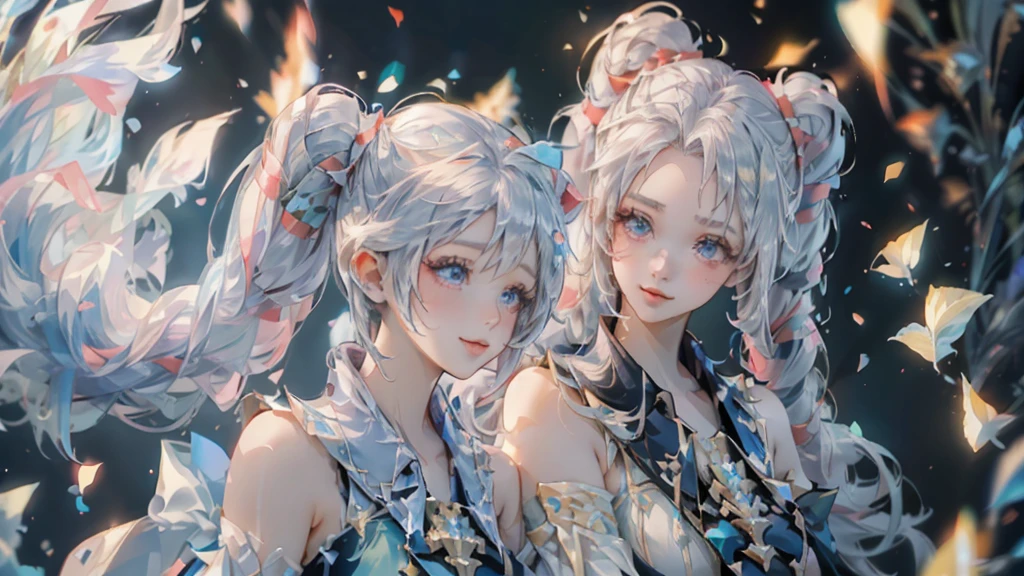 Twin tails,Official Art, masterpiece, Sharp focus, (Beautiful, gorgeous, and cute woman:1.3), (Beautiful and cute woman:1.3), Delicate and beautiful hair, Eyes and Face, Realistic, Very detailed, Beautiful woman, blue sky, (Side light:1.2), sunlight, White cloud, Delicate clouds, thin, ((Smile with your eyes, Please open your eyes)), landscape,Gold decoration, Sacred atmosphere,Smile,Decorations