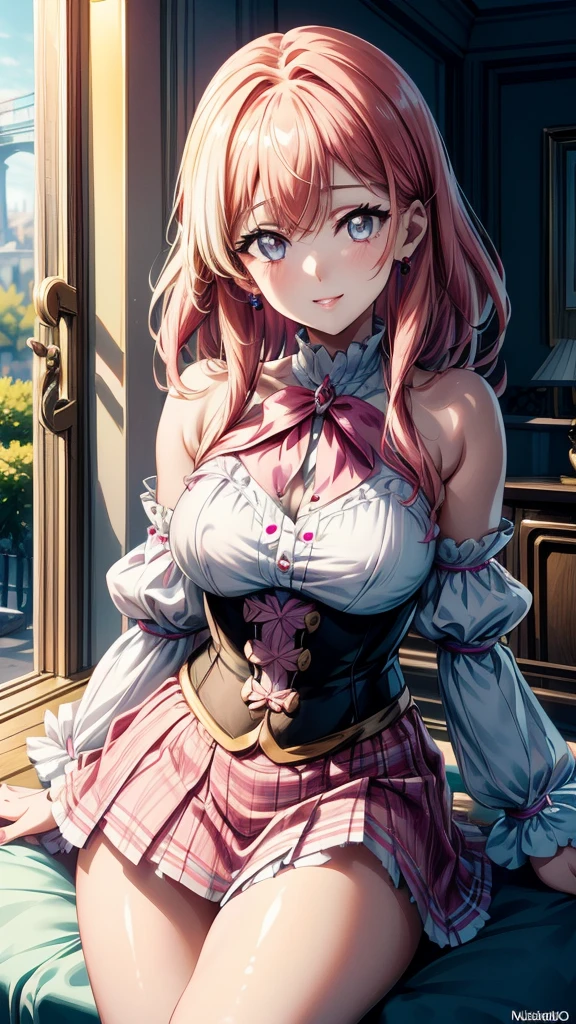 “(Top Quality, Masterpiece, Ultra High Definition, High Resolution, HDR, Unity 8K Wallpaper, Beautiful details, depth, delicacy, vibrant colors). A single girl in an anime style inspired by Epic Seven. She has beautifully detailed eyes, lips and face, her eyelashes are long, she wears an intricate and revealing gyaru-style uniform, a mini skirt, cute ribbons, accessories, her hands are not shown, her hair is multicolored with a striped curly texture, her hands are behind her back, a mix of rainbow hues and half white, half pink tones, the focus is on her upper body, capturing her smiling expression, her arms down, the accented mini skirt, this image highlights her attractive and adorable appearance, exuding an erotic and cute atmosphere. The girl's hairstyle is distinctive and different, adding uniqueness to her look, her hands are behind her back, this scene is rendered in ultra high definition CG, every detail is crisp and sharp.”