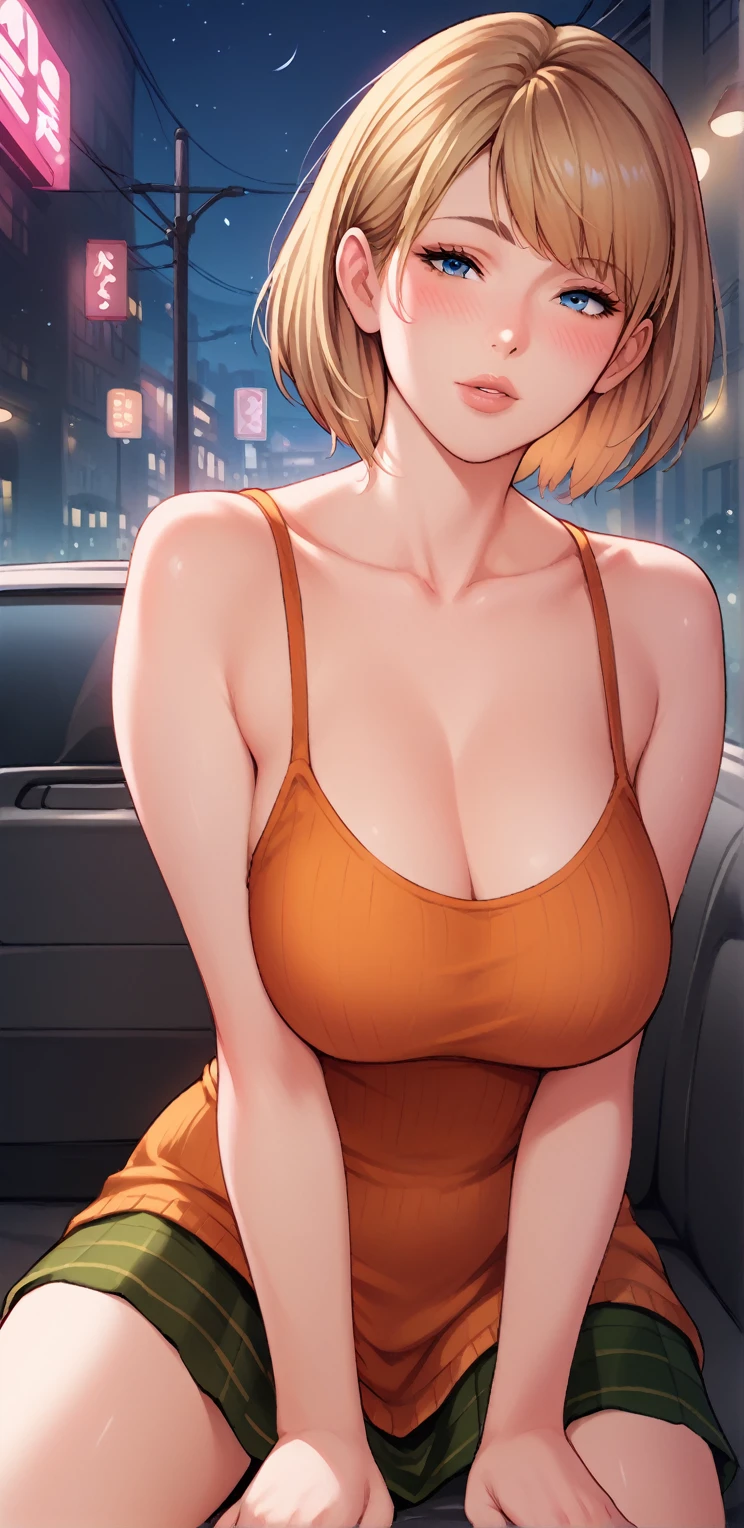 score_9, score_8_up, score_7_up, score_6_up, score_5_up, score_4_up, Ashley Graham, blue eyes, blonde hair, short hair, large breasts, mature woman,  1girl, short_hair, blush, blue_eyes, brown_hair, lips, purple_hair, solo, dress, long  orange dress, jewelry, bare shoulders, loose dress, night, city, outdoors, POV date, collarbone , cars, Sit on top cars, 