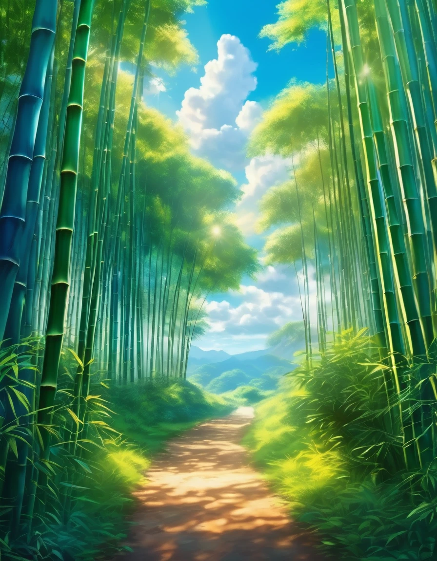 In this breathtaking scene, a majestic bamboo grove sways gently in the soft breeze, its delicate green leaves rustling softly amidst warm sunlight filtering through the canopy above. A winding dirt path meanders through the tranquil landscape, inviting exploration. In the distance, a vibrant nebula glows bright orange and blue, set against a backdrop of twisted clouds. The air is filled with magic as the camera captures every detail in ultra-high definition, with physically-based rendering creating an immersive experience. The scene is bathed in studio lighting, with sharp focus and vivid colors bringing the fantasy world to life in anime style.