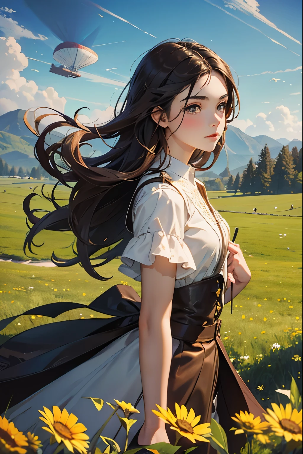 Master piece, 18 years old, young girl, Dark Brown Long hair, posing in front of full view of airship floating. meadow with mountain background.