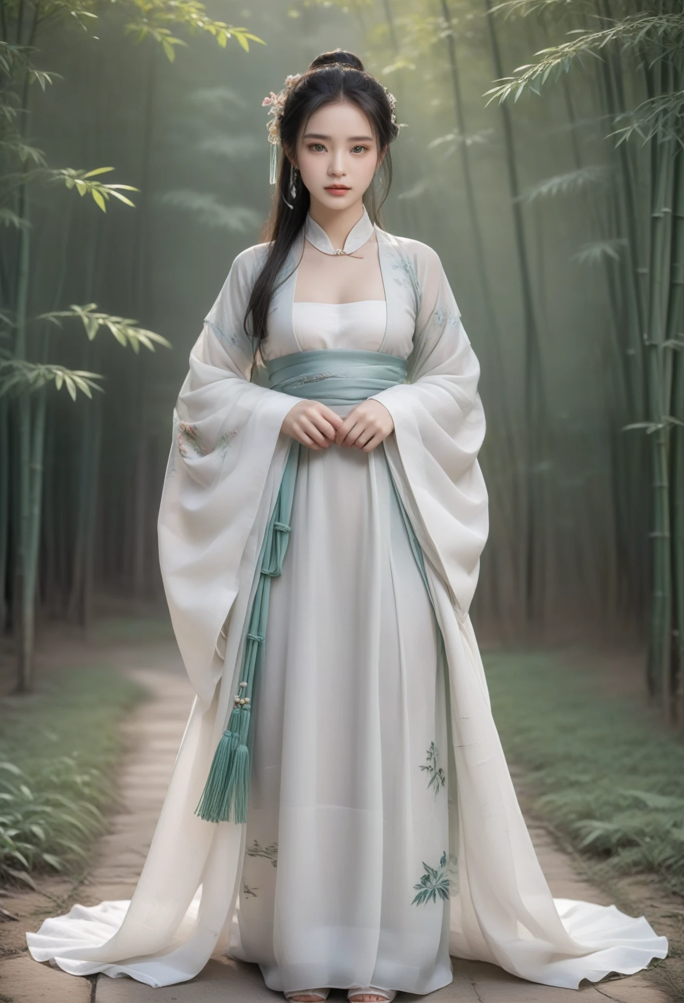 Best quality，masterpiece，high resolution,Chinese Hanfu，traditional Chinese painting，luxury headwear，White light gauze Hanfu， Xianxia, Dress conservatively，Necklace，Jewelry，Beautiful face，Full body portrait，bamboo forest，4k wallpaper，masterpiece，Best quality，Extremely detailed，HD，无与伦比的masterpiece