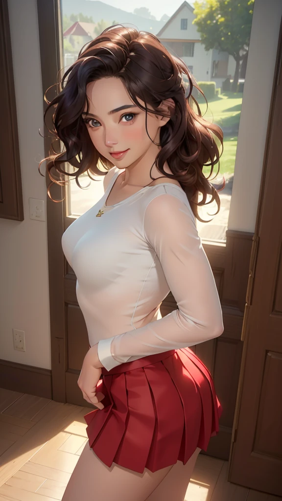 (Best Quality, ultra-detailed, photorealistic: 1.39), bright and vibrant colors, studio lighting, romantic expression, masterpiece, Medium round breasts, (1 girl of 25 years), ((DARK hair: 5.2, long wavy and messy, hair over one eye)))), brown eyes, double eyelids, light effect in the eyes, medium hips , Red long sleeve blouse, small pleated skirt, Mischievous smile, ((attractive body)), Alone, Best Quality, masterpiece, portrait, Flirting with the viewer, sensual pose, detailed, perfect anatomy, detailed art, High Definition, 4k , High resolution, inside the farmhouse, Beautiful and sensual sexy, Romantic scenery with professional lighting full of brilliant details.