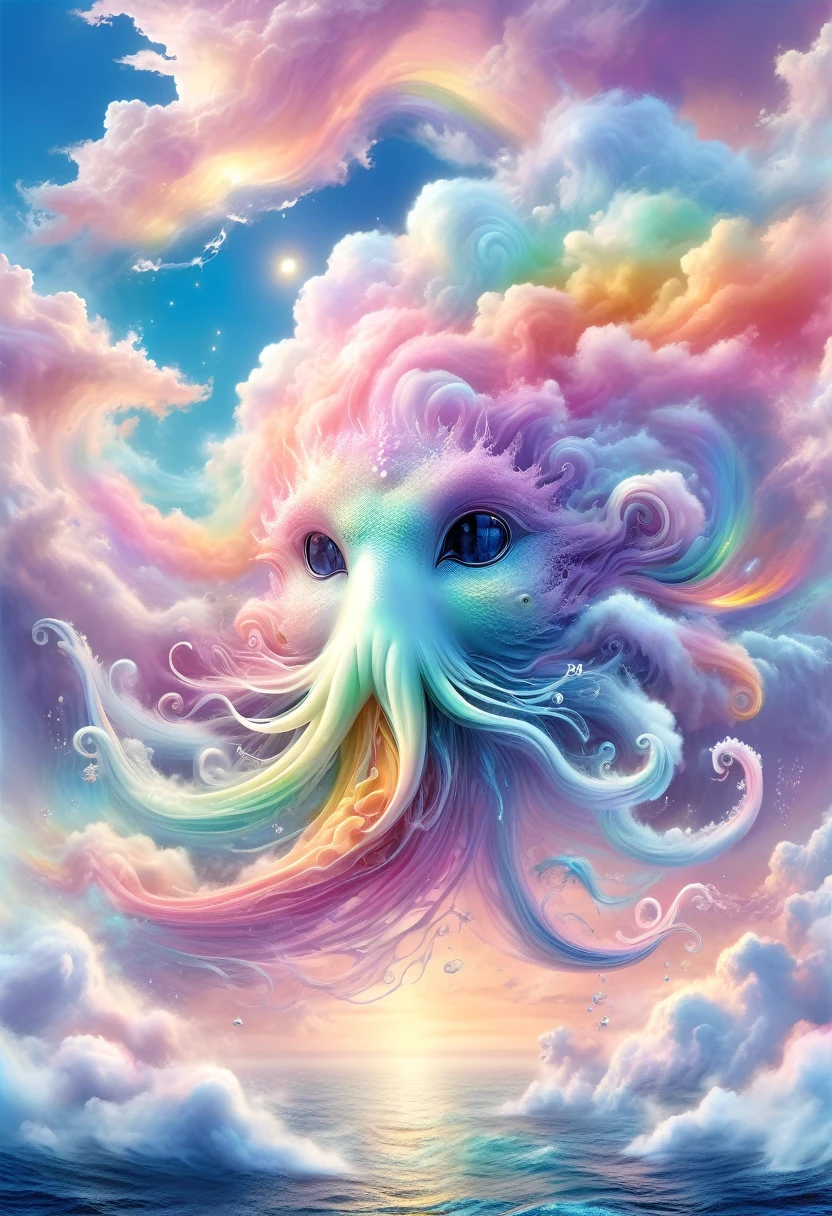 Pastel rainbow clouds, a sea of clouds、Giant squid swimming in the sea of clouds