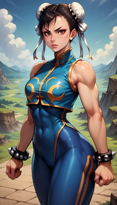 score_9, score_8_up, score_7_up, break, score_9, 1girl, chun-li (\street fighter)\, black hair, brown eyes, makeup, eyelashes, s...