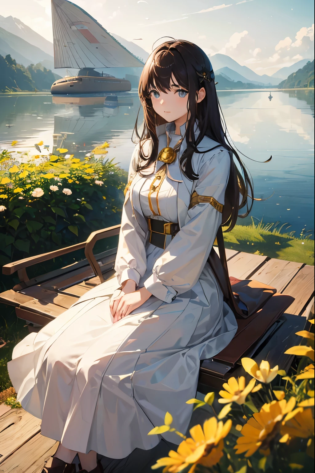 Master piece, 18 years old, young girl, Dark Brown Long hair, posing in front of full view of airship floating, BREAK, (transportation airship flying in the sky:1.4) meadow with mountain background, Beautiful and fantastic scenery Cinematic scenery、 high-quality、 masterpiece, in 8K、high resolution、