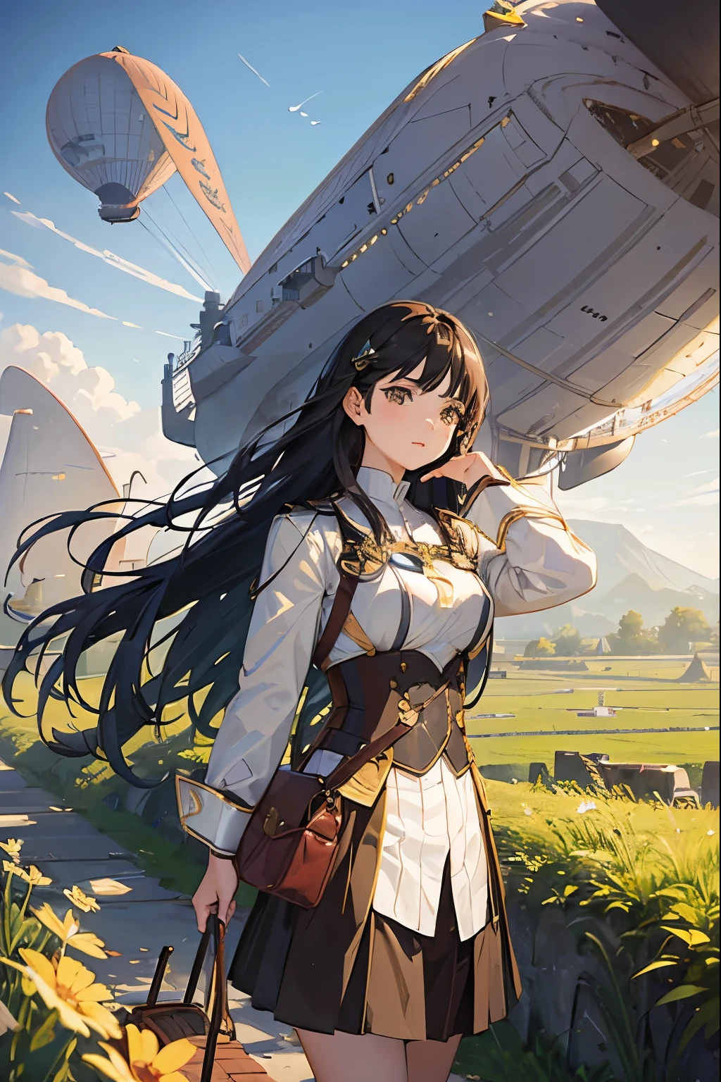 Master piece, 18 years old, young girl, Dark Brown Long hair, posing in front of full view of airship floating, BREAK, (transportation airship flying in the sky:1.4) meadow with mountain background, Beautiful and fantastic scenery Cinematic scenery、 high-quality、 masterpiece, in 8K、high resolution、