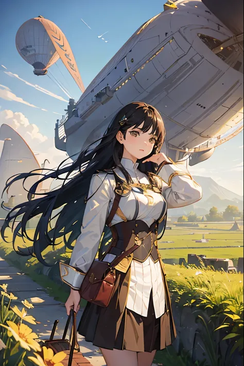 master piece, 18 years old, young girl, dark brown long hair, posing in front of full view of airship floating, break, (transpor...