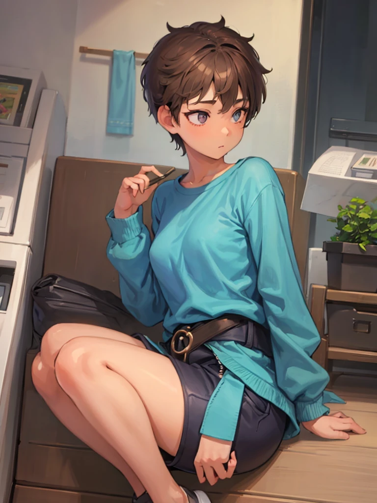 A girl with pixie two block haircut with light brown colored hair. Have a brown colored eyes. Small pupils. Have C cup breasts. Make her look like a boy, happy. Wearing an oversized shirt and short pants. 