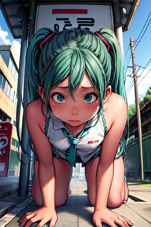 Hatsune Miku,Ultra-realistic painting, Excessive art, 8K high quality, detailed art,Curvaceous ,Random Hairstyles、(Sweaty),From below,On all fours,bus stop，5 years old，Excess semen，vaginal sex，1girl，1boy