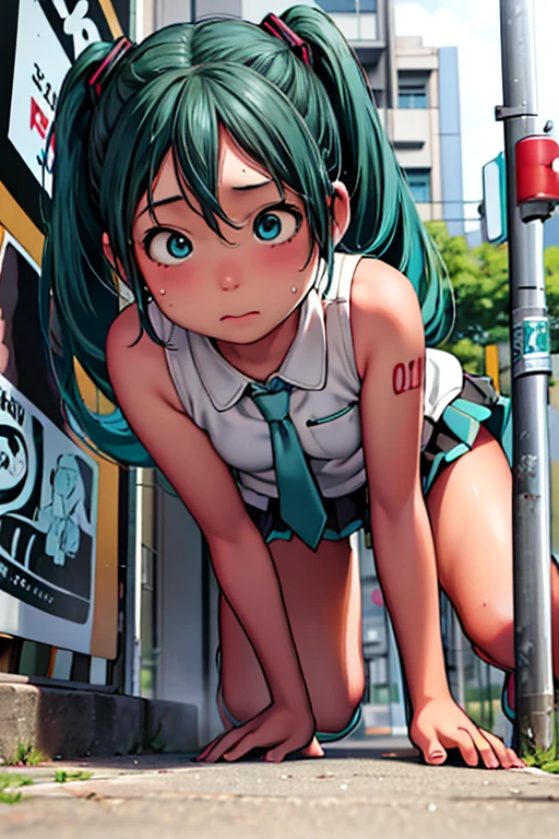 Hatsune Miku,Ultra-realistic painting, Excessive art, 8K high quality, detailed art,Curvaceous ,Random Hairstyles、(Sweaty),From below,On all fours,bus stop，5 years old，Excess semen，vaginal sex，1girl，1boy