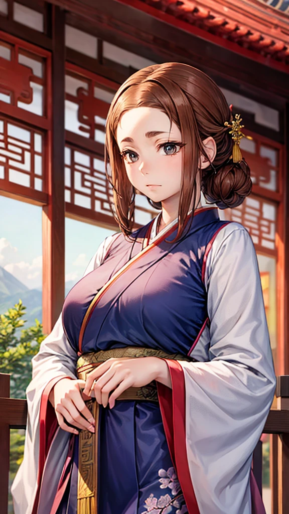 A beautiful girl ,Put on gorgeous Hanfu, Chinese Architecture, landscape