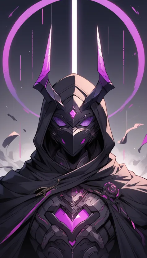 1 boy,muscles,black hair,hair between eyes,messy hair,black armor,machina,horns,headgear,full armor,[purple] colour trims,([purp...