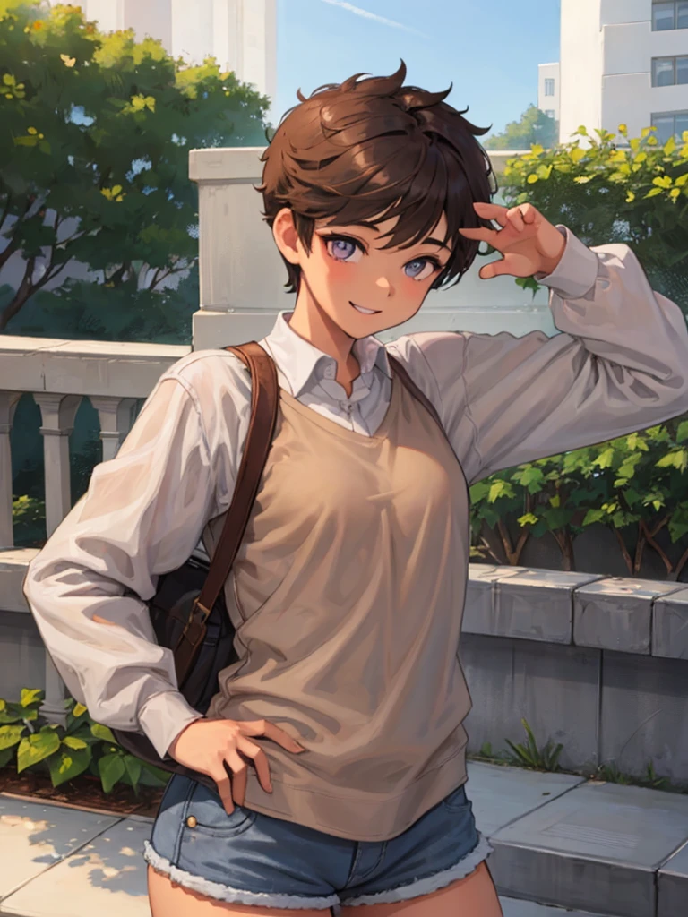 A girl with pixie two block haircut with light brown colored hair. Have a brown colored eyes. Small pupils. Have C cup breasts. Make her look like a boy, happy and smiling. Wearing an oversized shirt and short pants. 