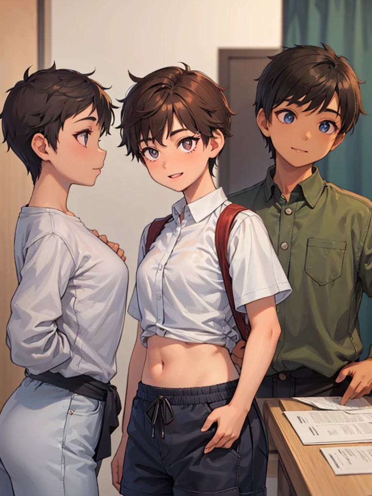 A girl with pixie two block haircut with light brown colored hair. Have a brown colored eyes. Small pupils. Have C cup breasts. Make her look like a boy, happy and smiling. Wearing an oversized shirt and short pants. 