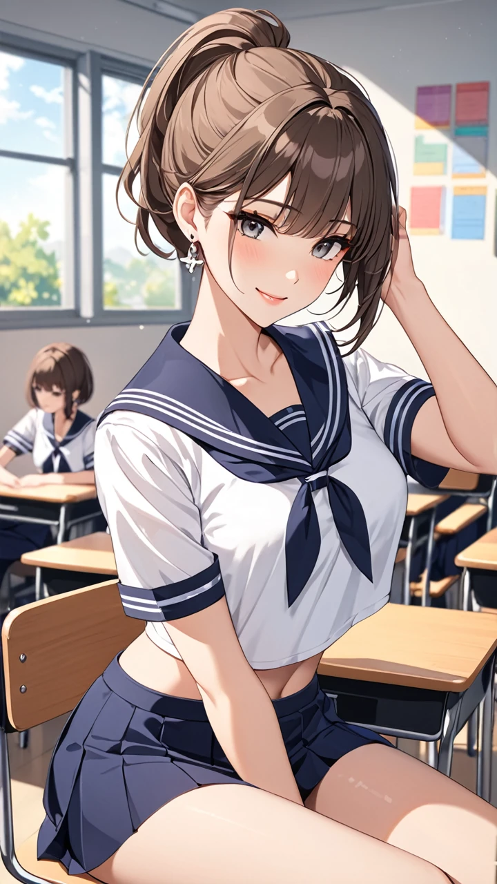 Highest quality　masterpiece　High resolution　masterpiece　Brown Bob　　Grey Eyes, high pony tail cut, wearing sailor uniform, seductive smile, tight, sit, classroom, midriff peek, mature female, adjusting hair, earrings,