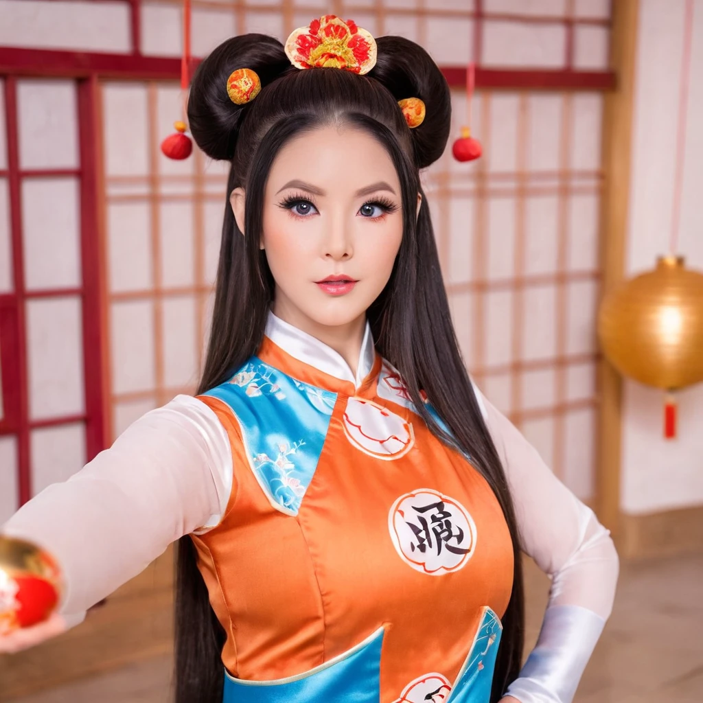 a beautiful woman with long dark hair, wearing a chinese style dress, cosplaying as chi-chi from dragonball z, detailed face, beautiful eyes and lips, elegant pose, detailed costume, photo-realistic, 8k, highly detailed, vivid colors, dramatic lighting, fantasy, cinematic, professional photography