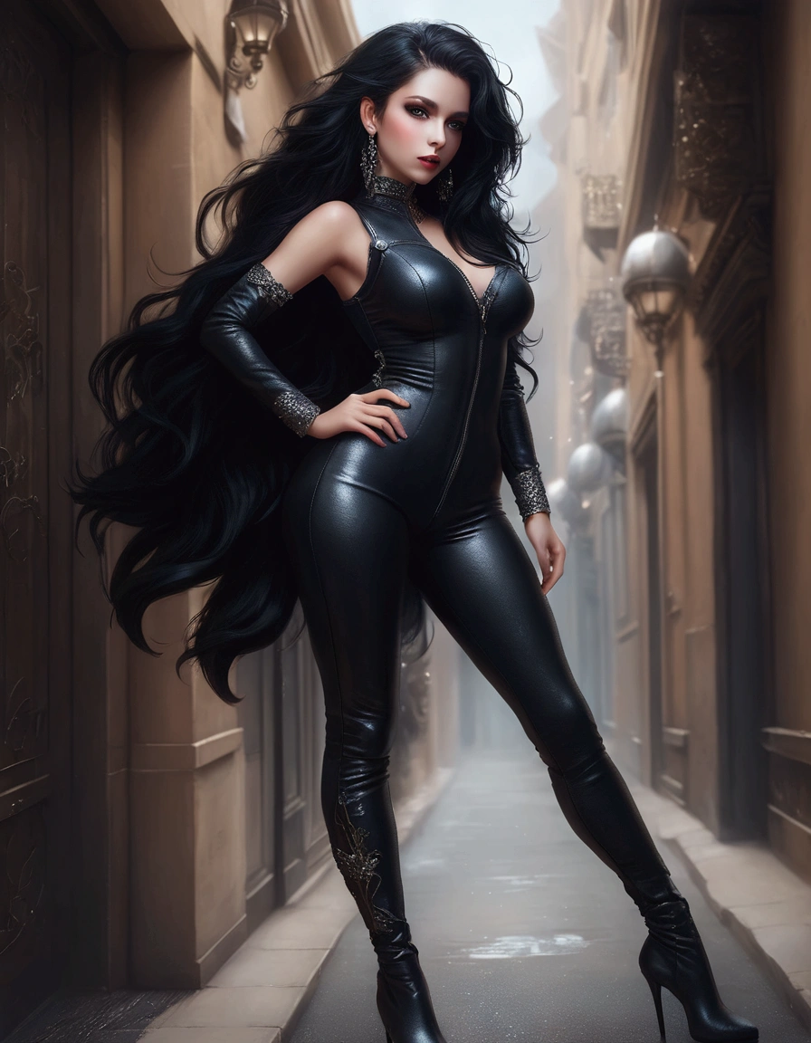 DigiArt Style, looking at viewer, full body, digital art, 1girl, solo, long curly hair, black hair, azur eyes, earrings, full lips, eyelashes, makeup,  jewelry, leather catsuit, leather clothes, leather straps, boots, fantasy