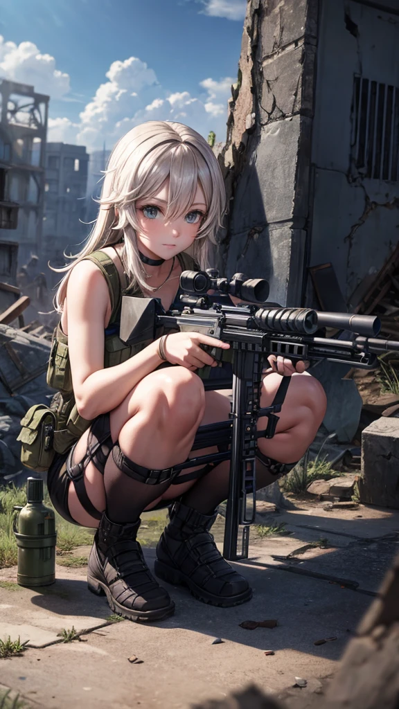 In the ruined city，wearing a grenade pouch，Barrett sniper rifle，Squatting at a high point，aim