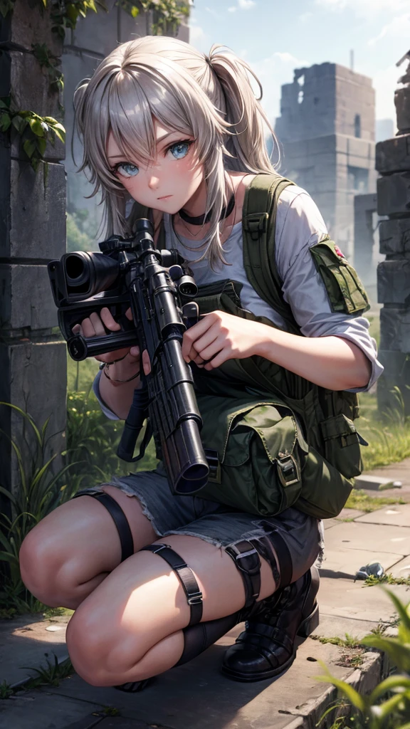 In the ruined city，wearing a grenade pouch，Barrett sniper rifle，Squatting at a high point，aim