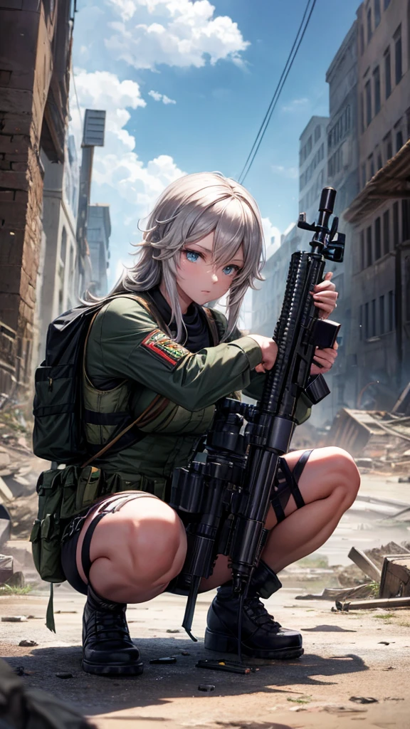 In the ruined city，wearing a grenade pouch，Barrett sniper rifle，Squatting at a high point，aim