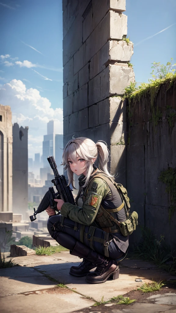 In the ruined city，wearing a grenade pouch，Barrett sniper rifle，Squatting at a high point，aim