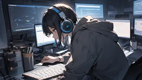 highest quality,working on a computer at a desk.,concentrated,headphones,black hair