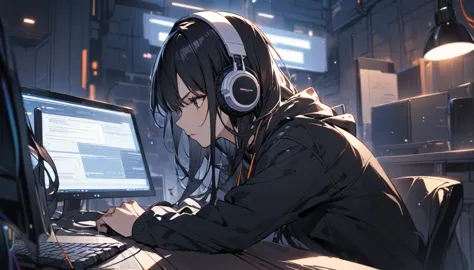 highest quality,working on a computer at a desk.,concentrated,headphones,black hair