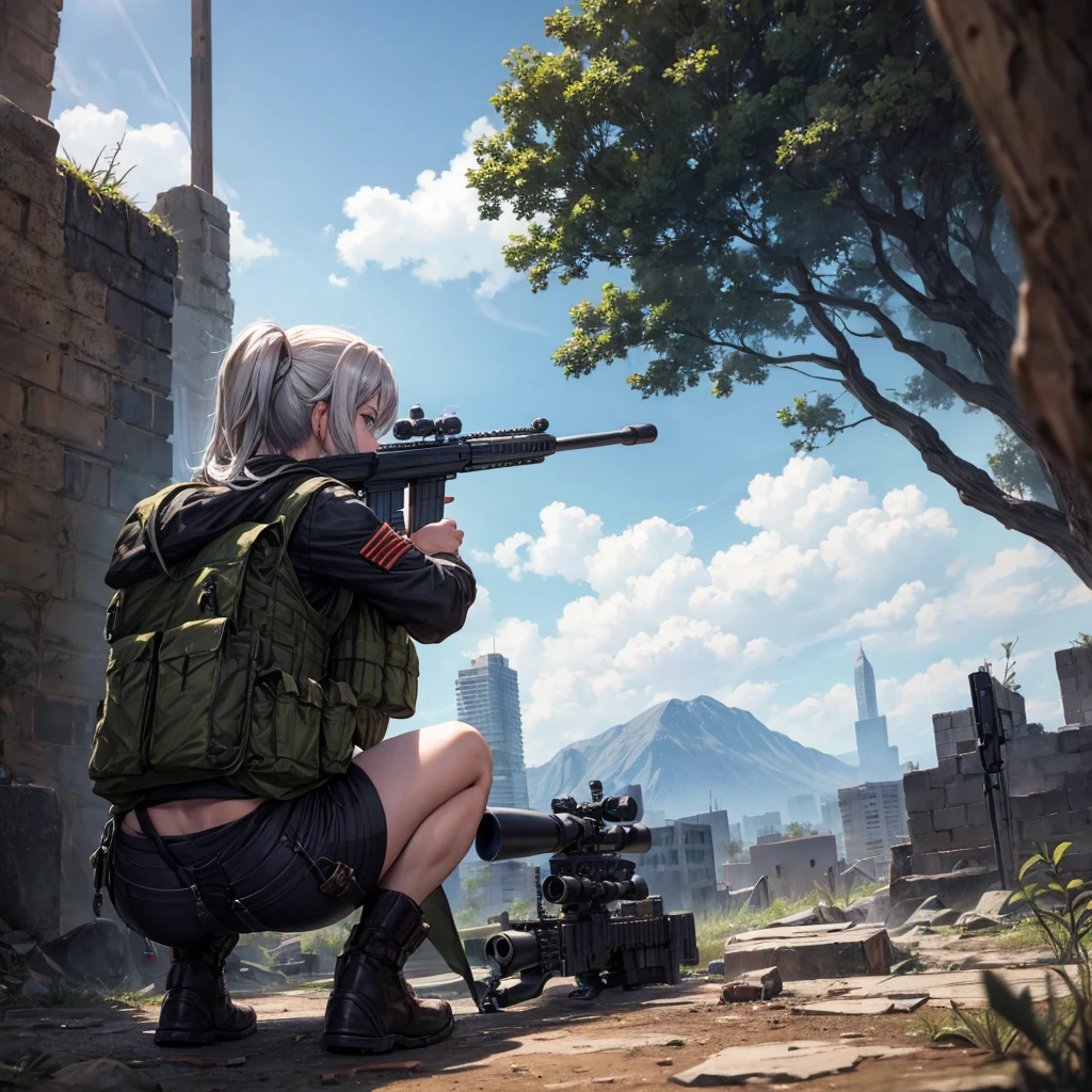 In the ruined city，wearing a grenade pouch，Barrett sniper rifle，Squatting at a high point，aim