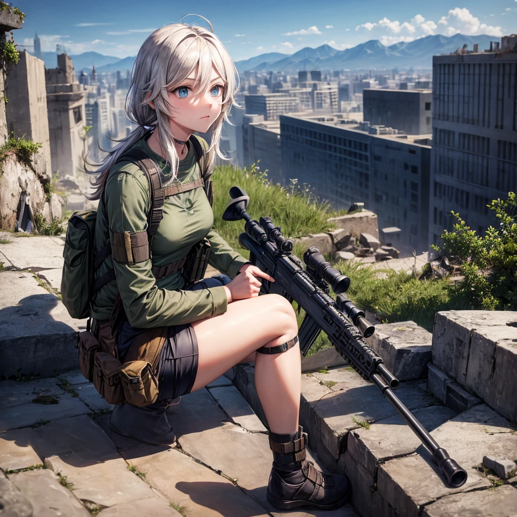 In the ruined city，wearing a grenade pouch，Barrett sniper rifle，Squatting at a high point，aim